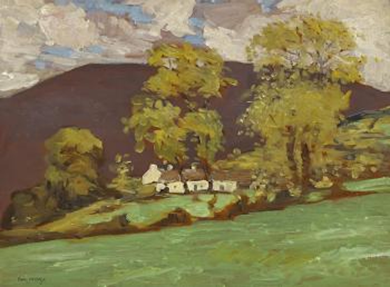 Cottage in a wooded mountain landscape by Paul Henry