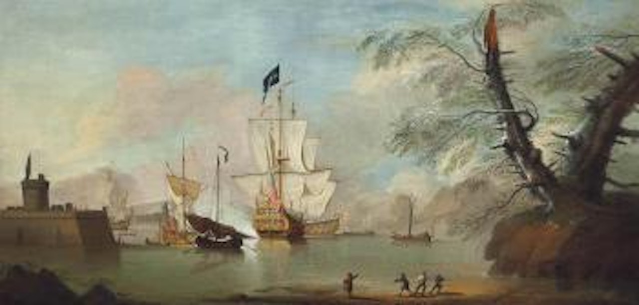 English men-o'war lying in a fortified Continental harbour, with the flagship firing a salute by Peter Monamy