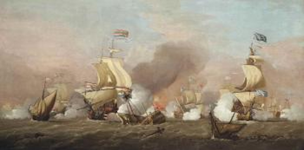 The battle of Texel, 11th August 1673: Two large First Rates, English and Dutch, engaged in a fierce broadside duel, with H.R.H. Prince Rupert's flagship Royal Sovereign in action astern of them by Peter Monamy