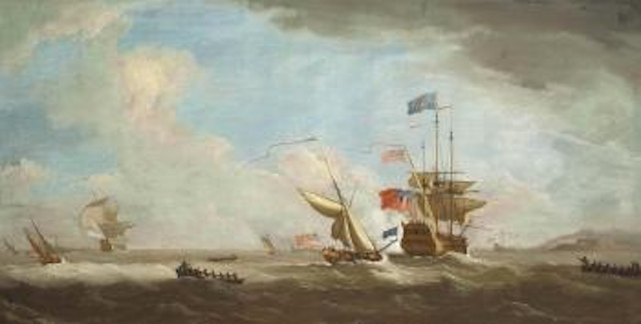 Ships of the fleet in a stiff breeze off the coast, the flagship of the Red Squadron heaving-to ahead of an approaching Admiralty yacht by Peter Monamy