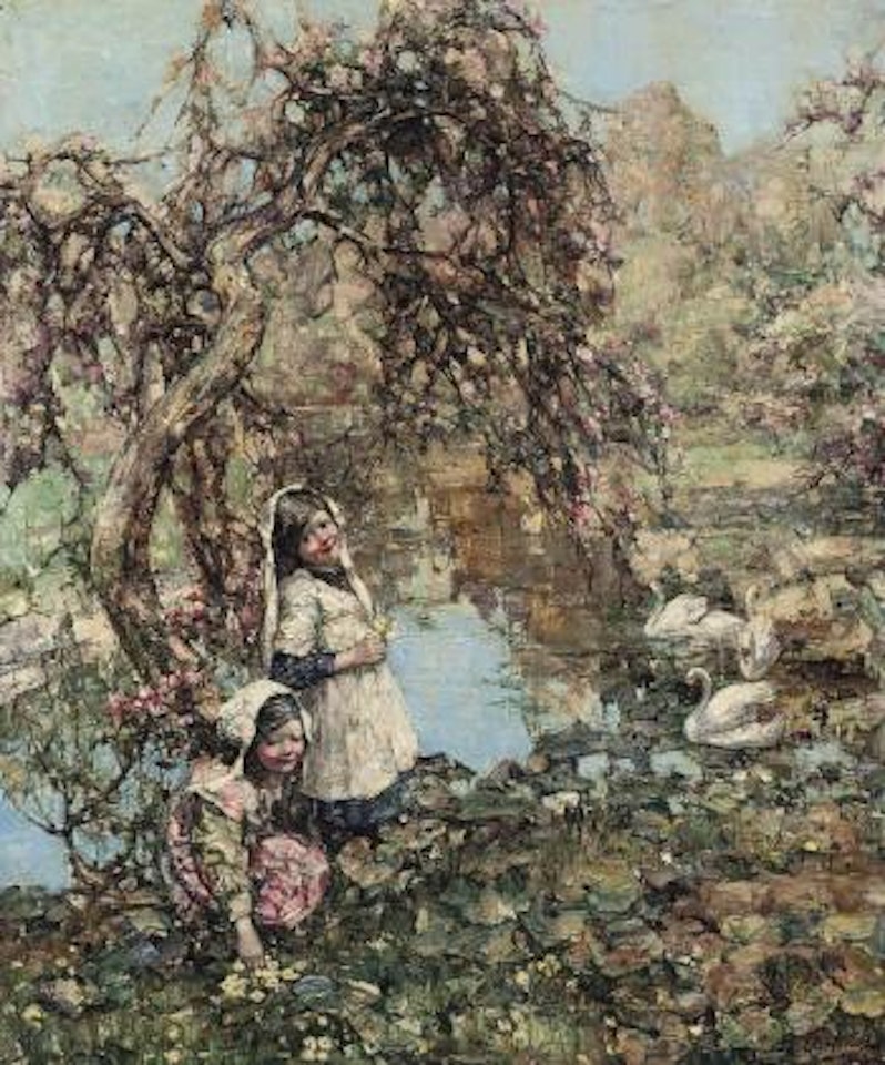 Gathering primroses by Edward Atkinson Hornel