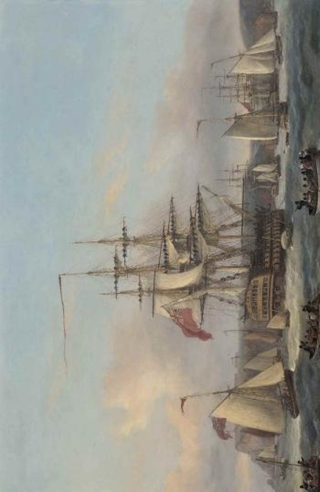 H.M.S. Bellerophon lying at anchor off Torbay with the defeated Emperor Napoleon onboard, 24th July 1815, surrounded by spectator craft by Thomas Luny