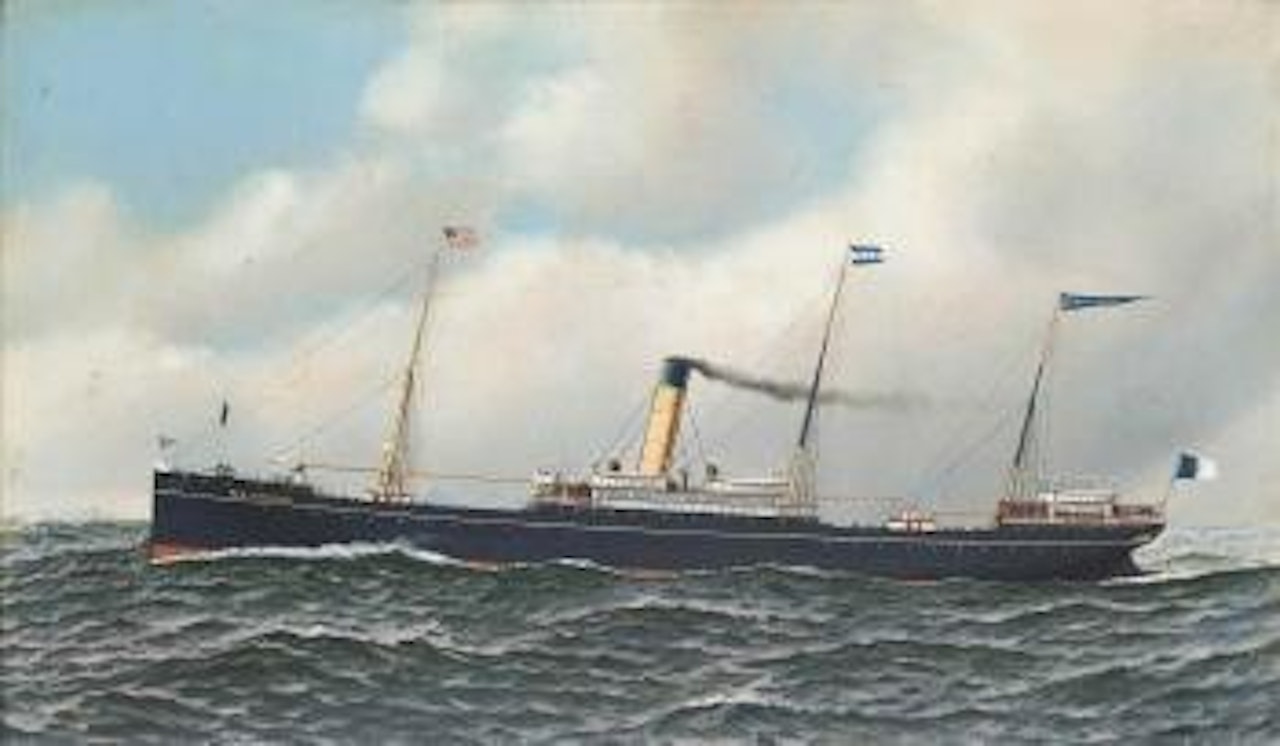 The Portuguese Insular Navigation Company's steamship Peninsular outward-bound for New York by Antonio Jacobsen