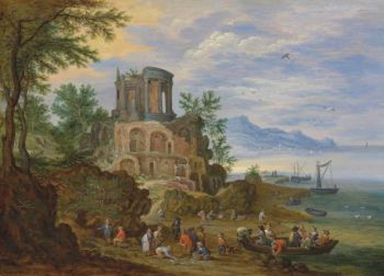 A capriccio of the Temple of the Sybil at Tivoli, by the Sea, with Fishermen unloading the day's catch on the shore by Jan Brueghel the Younger