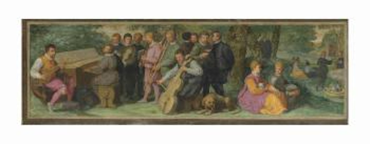 A pastoral concert, with elegant figures playing a Cittern, a Clavichord, a Violin, a Cornett, a Trombone and a Violoncello by Venetian School
