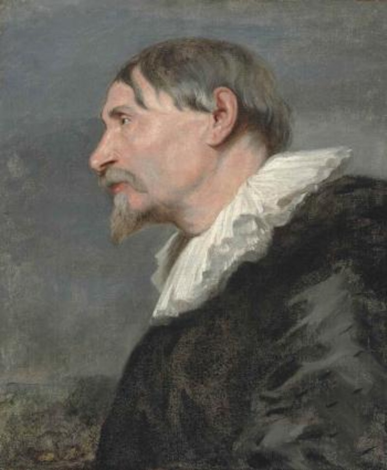 A bearded Man in profile, bust-length, in a black coat and white collar by Anthony van Dyck