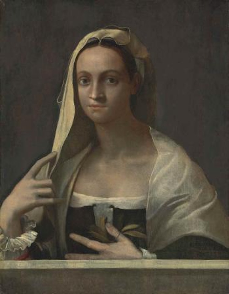 Portrait of a Lady, half-length, in a white shawl and headdress, at a parapet by Sebastiano del Piombo