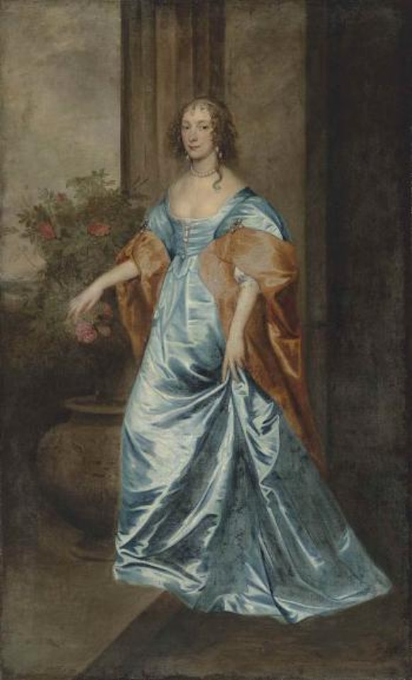 Portrait of a Lady, full-length, in a blue satin dress with an Orange wrap, beside a Rose bush in a stone urn, her right hand touching a Rose by Anthony van Dyck