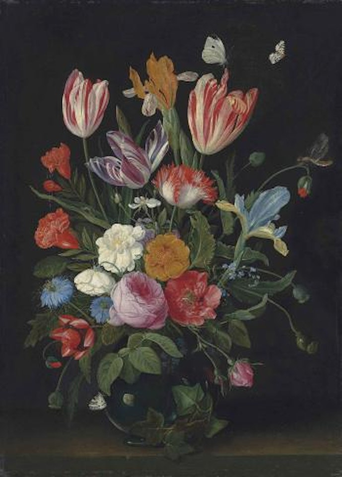 Parrot Tulips, Irises, Roses and Other Flowers in a glass vase, on a stone ledge, with Butterflies, a Caterpillar and a Dragonfly by Jan Van Kessel The Elder