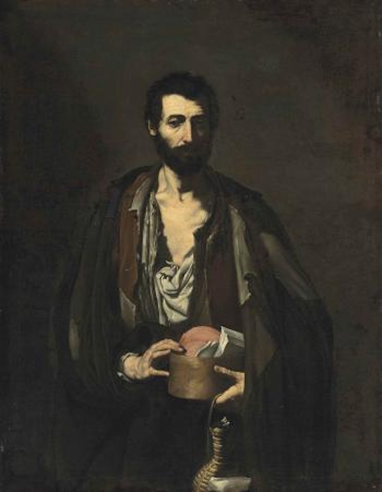 A Philosopher, half-length, in a torn white shirt and brown jacket, holding books and a wicker flask by Jusepe de Ribera
