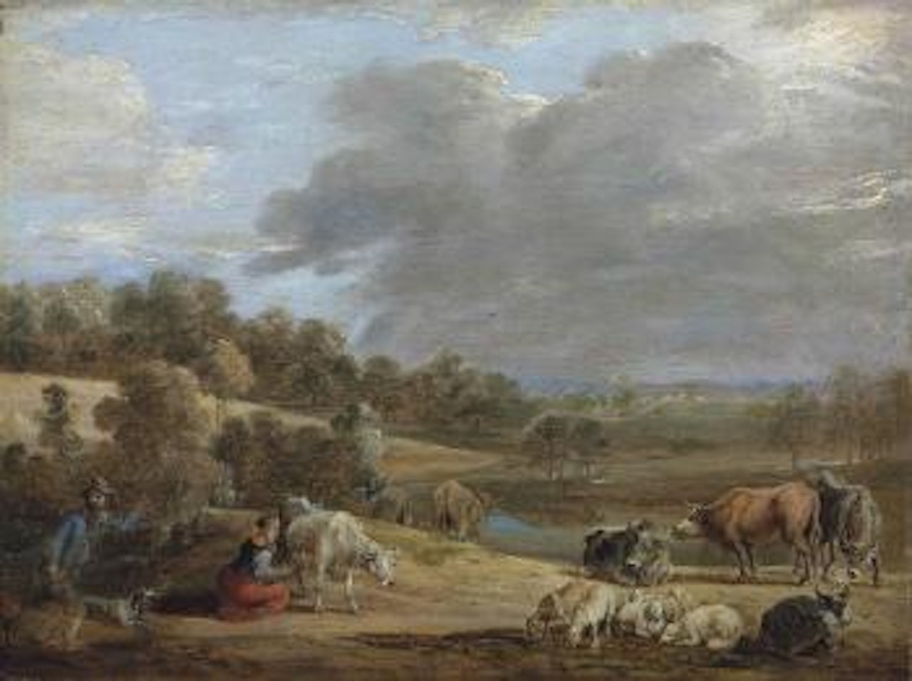 A wooded landscape with Cattle and a Peasant-Woman milking a Cow by David Teniers II