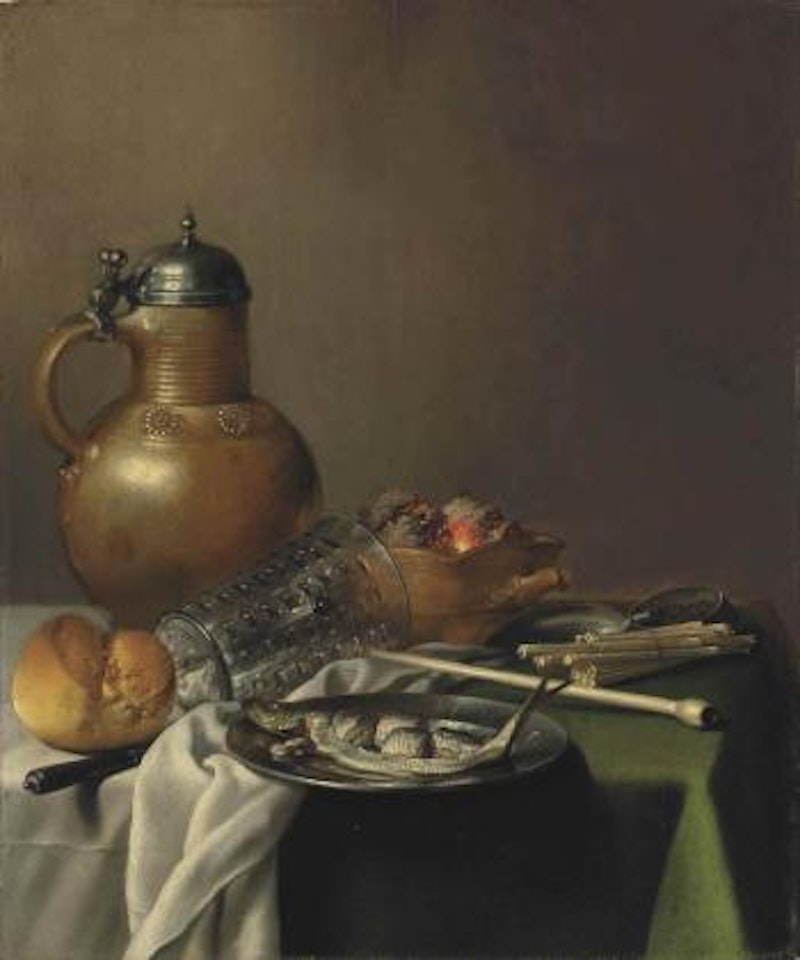 A Herring on a Pewter Platter, with a roll of Bread, a Knife, an Upturned Glass, a stoneware and pewter Jug, a Red earthenware brazier, a white clay pipe, a bundle of matches and a pewter tobacco tin, on a partially draped table by Pieter Claesz