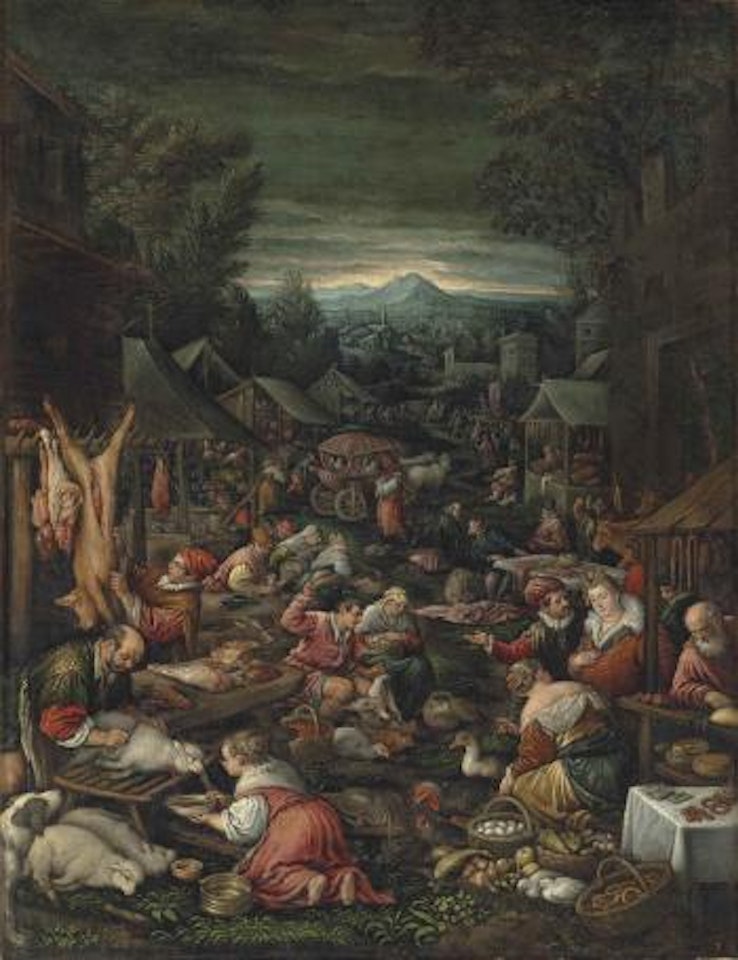 A village on market day with poultry and other livestock by Leandro Bassano