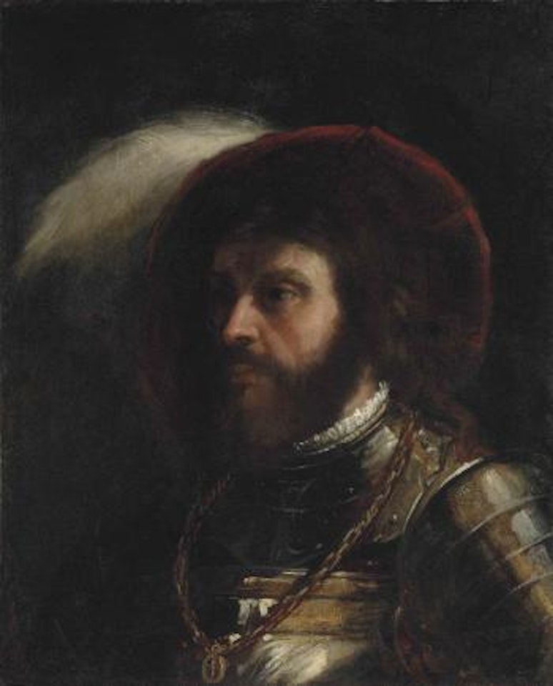 Portrait of a bearded Gentleman, half-length, in a Suit of Armour and a Red, Plumed Hat, a Gold Chain around his neck by Venetian School