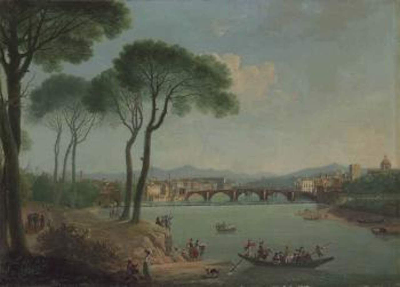 A view of the Arno, Florence, from the Cascine Gardens, with the Ponte alla Carità, the Ponte Vecchio beyond by Thomas Patch