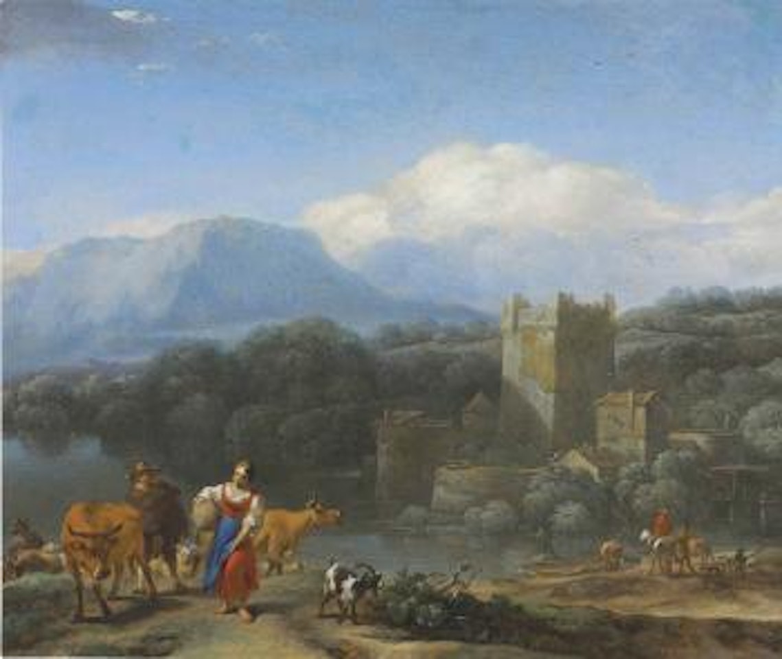 An Italianate landscape with drovers and their herd on a path by a lake, a fortified village beyond by Nicolaes Pietersz Berchem