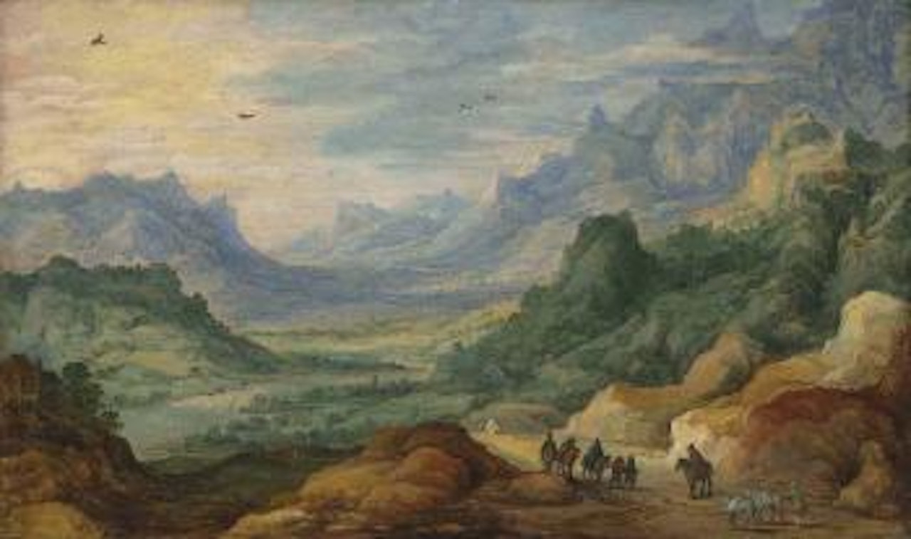 A mountainous landscape with travellers and herdsmen on a path by Jan Brueghel by Joos de Momper the Younger