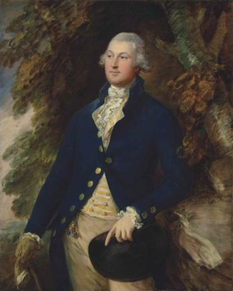 Portrait of Sir Richard Brooke, 5th Bt. (1753-1795), half-length, in a striped waistcoat and blue frock coat, holding a hat, by a tree in a landscape by Thomas Gainsborough