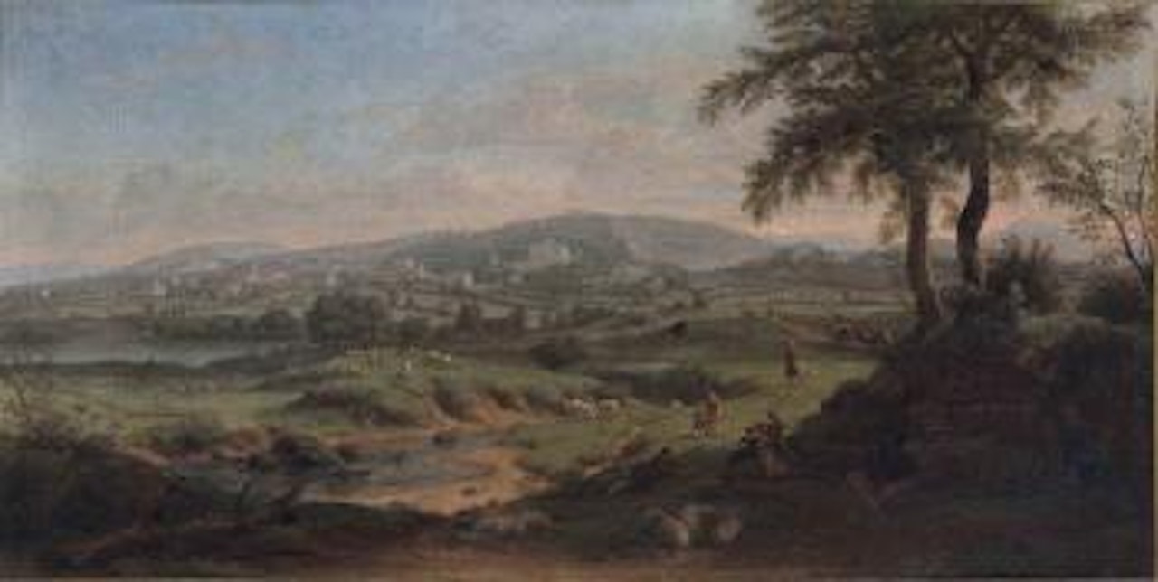 Frascati, with shepherds and their flock resting by a stream in the foreground, other figures on a road beyond by Gaspar van Wittel