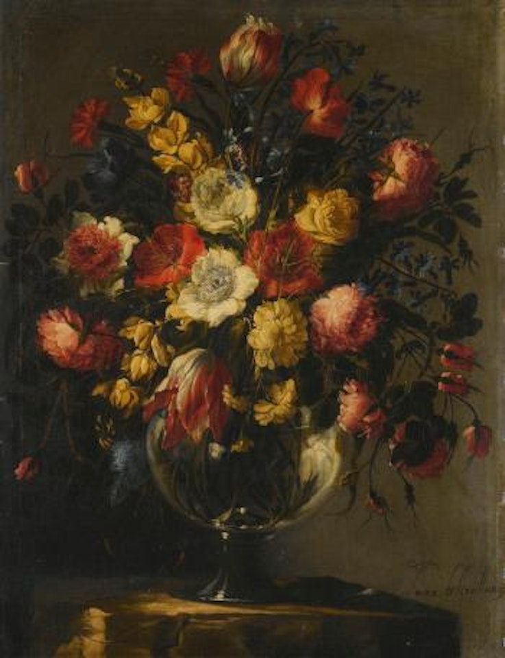 Still Life with A Large Array of Flowers in A Glass Vase on A Stone Pedestal by Juan de Arellano