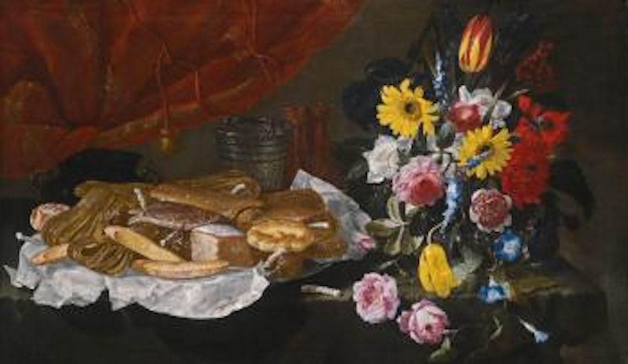 Still Life with Roses, Carnations, Tulips and Other Flowers in A Glass Vase, with Pastries and Sweetmeats on A Pewter Platter, on A Stone Ledge in Front of A Red Curtain by Giuseppe Recco