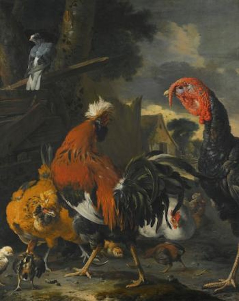 A Cockerel, A Turkey, Hens and Chickens in A Farmyard by Melchior de Hondecoeter