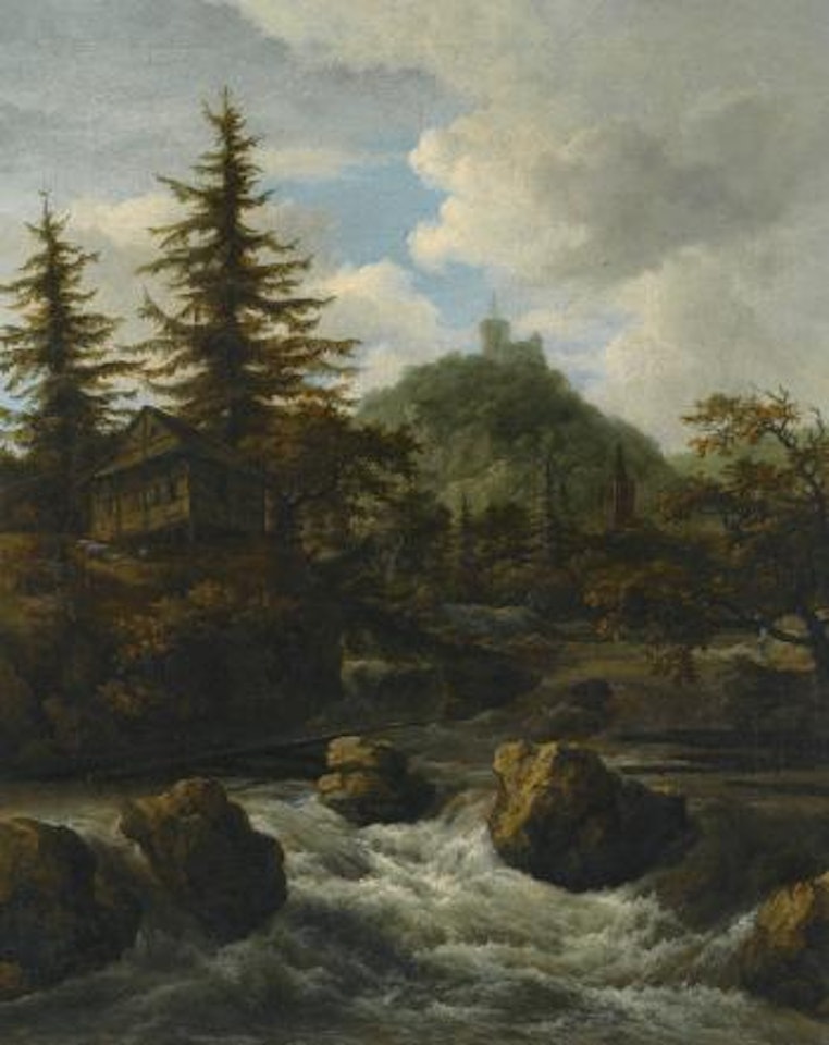 A Mountainous Landscape with A Fast-running River Passing A Cottage, A Castle on The Hill Beyond by Jacob Salomonsz. van Ruysdael