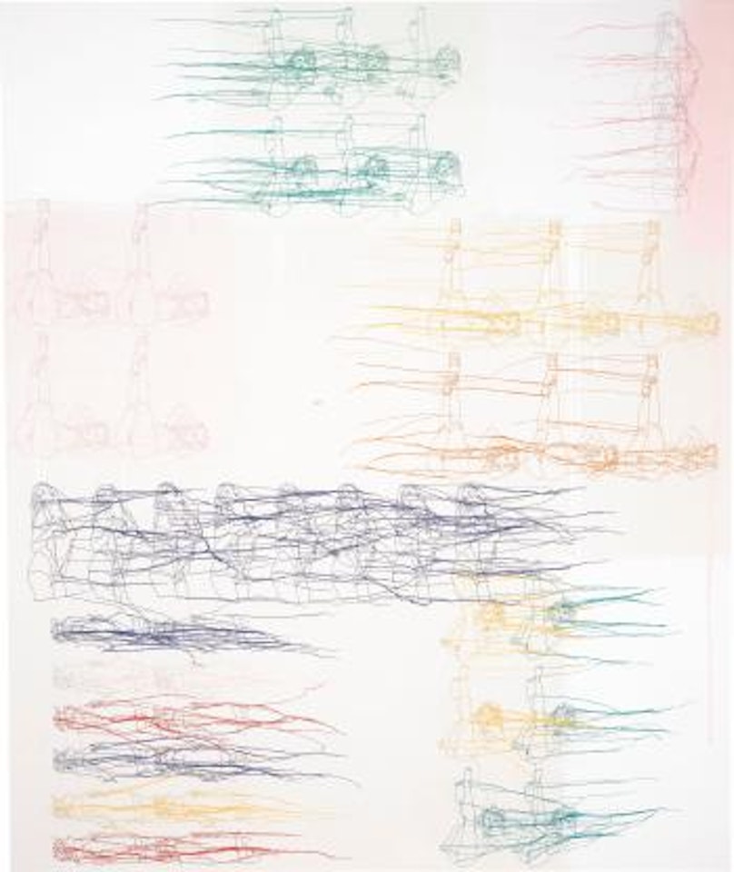 The slightly smaller colored square painting by Ghada Amer