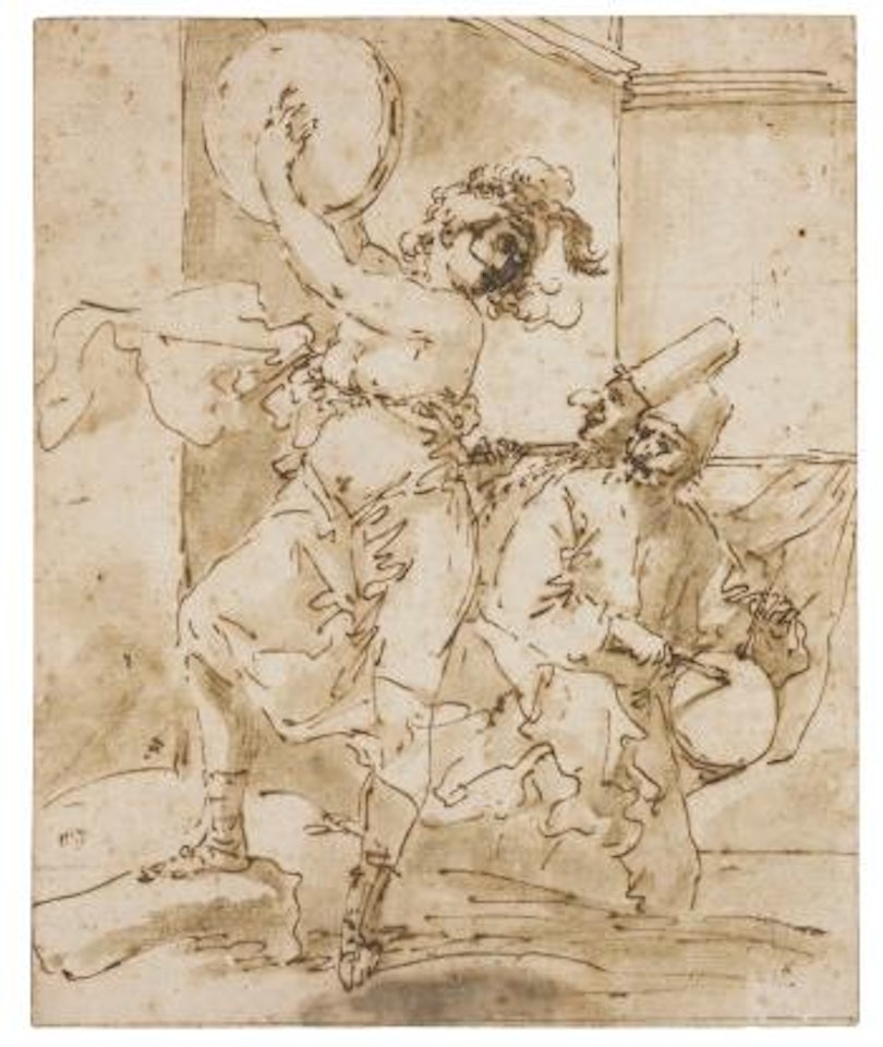 A Young Woman Wearing A Mask, Dancing and Playing A Tambourine, Watched By Two Punchinelli, one Beating A Drum, The Other Holding A Flag by Salvator Rosa