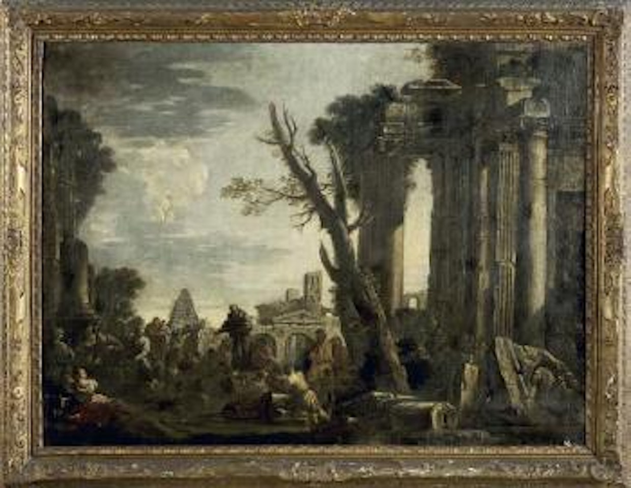 Veduta romana fantastica con templi, architetture classiche, figure e nello sfondo la piramide Cestia by Giovanni Ghisolfi