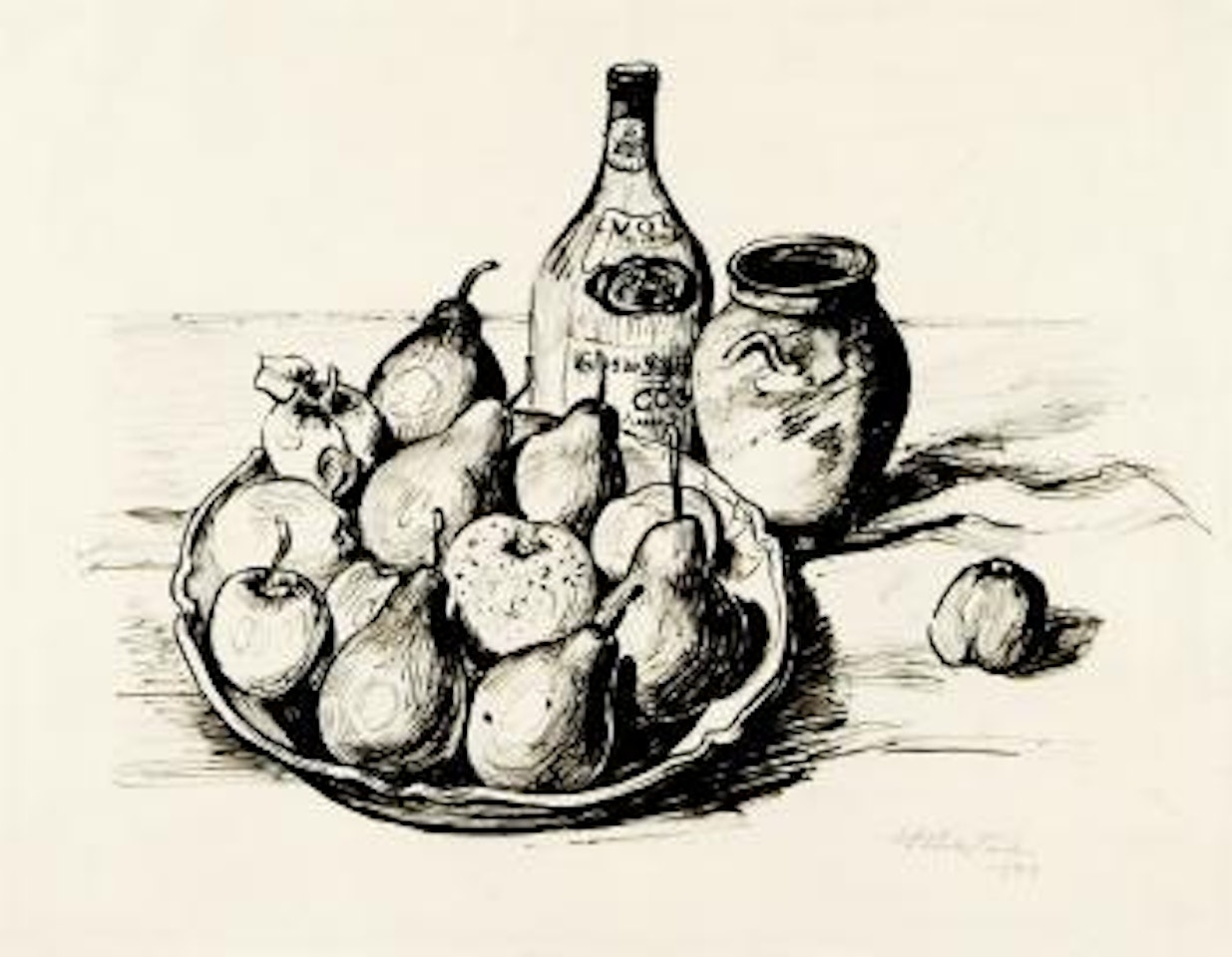 Stilleben mit Birnen und Cognacflasche by Max Pechstein