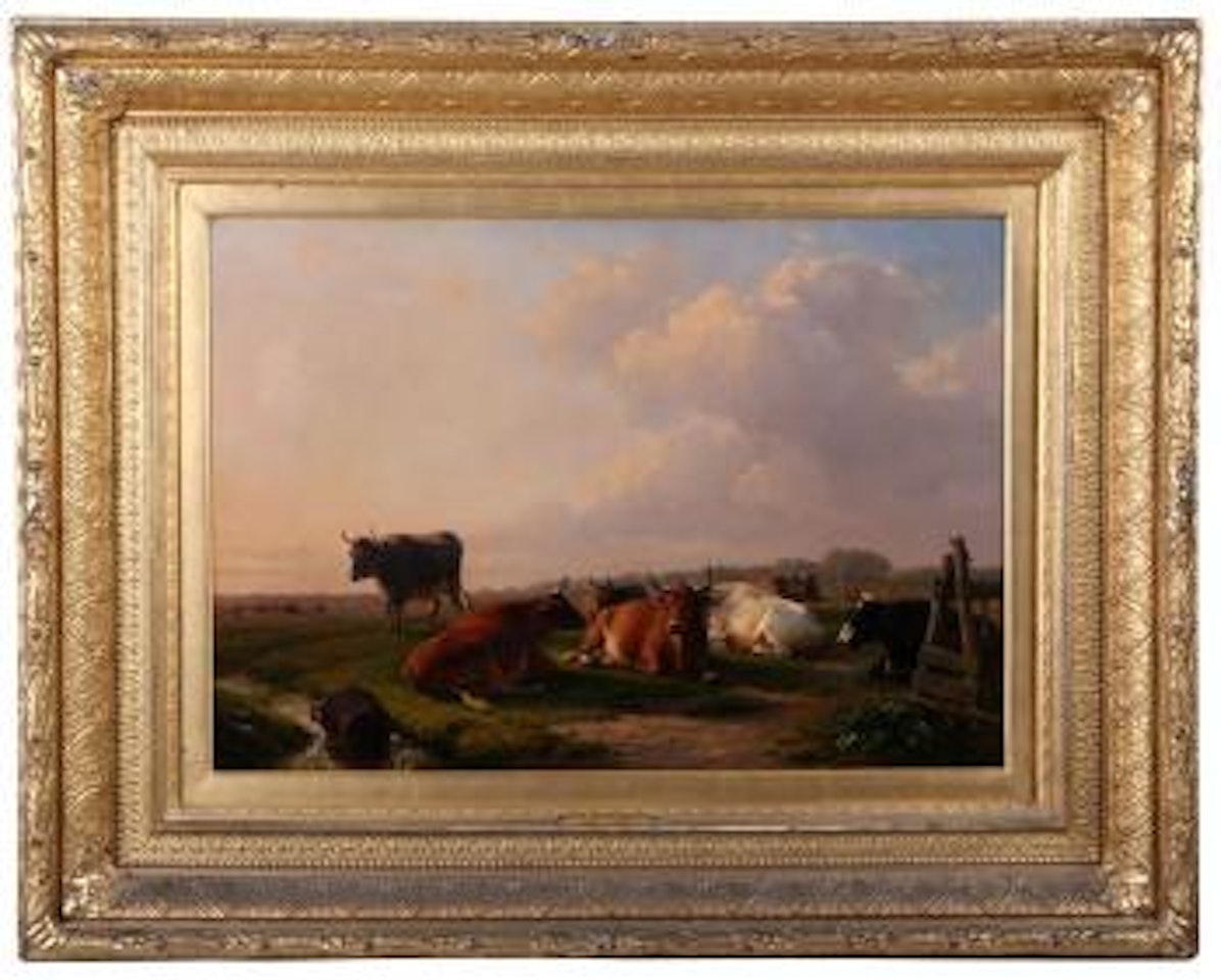 Cattle at rest in an evening field by Eugène Joseph Verboeckhoven
