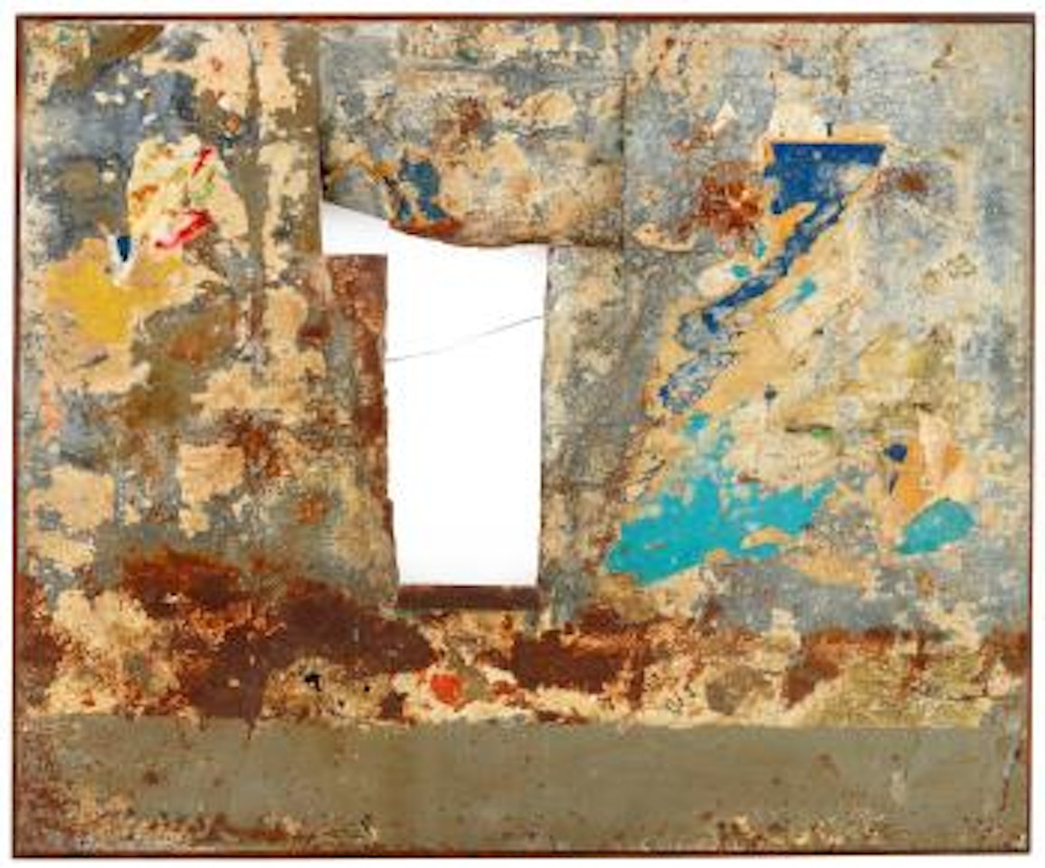 Iron with torn paper by Raymond Hains