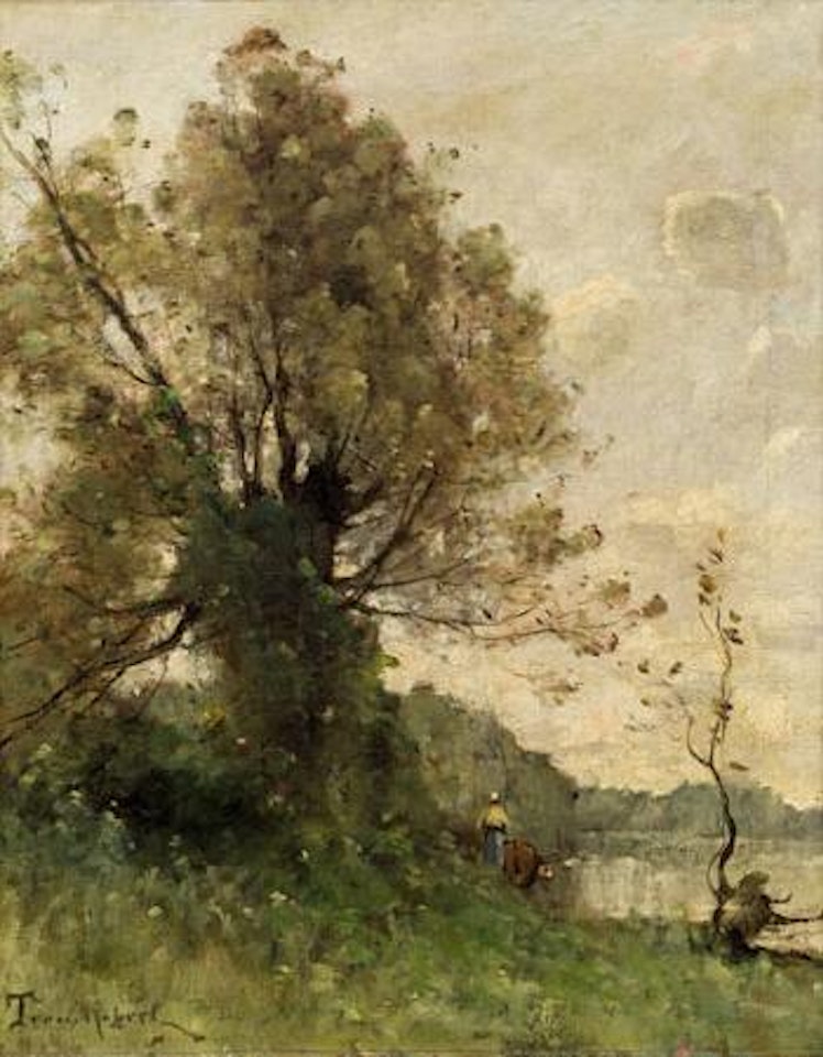 Vachere au bord de la rivière (Kuhhirtin am Flussufer) by Paul Désiré Trouillebert