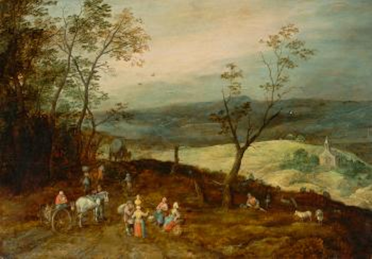 Weite Hügelige Landschaft Mit Rast Auf Der Landstraße by Jan Brueghel the Younger