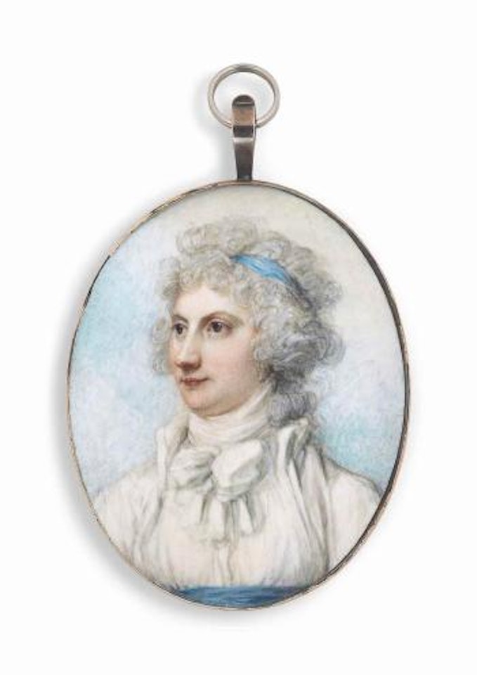 A lady called the Duchess of Richmond, in white dress, white coat and white knotted scarf, blue sash and blue hairband in her curling powdered hair; sky background by Richard Cosway