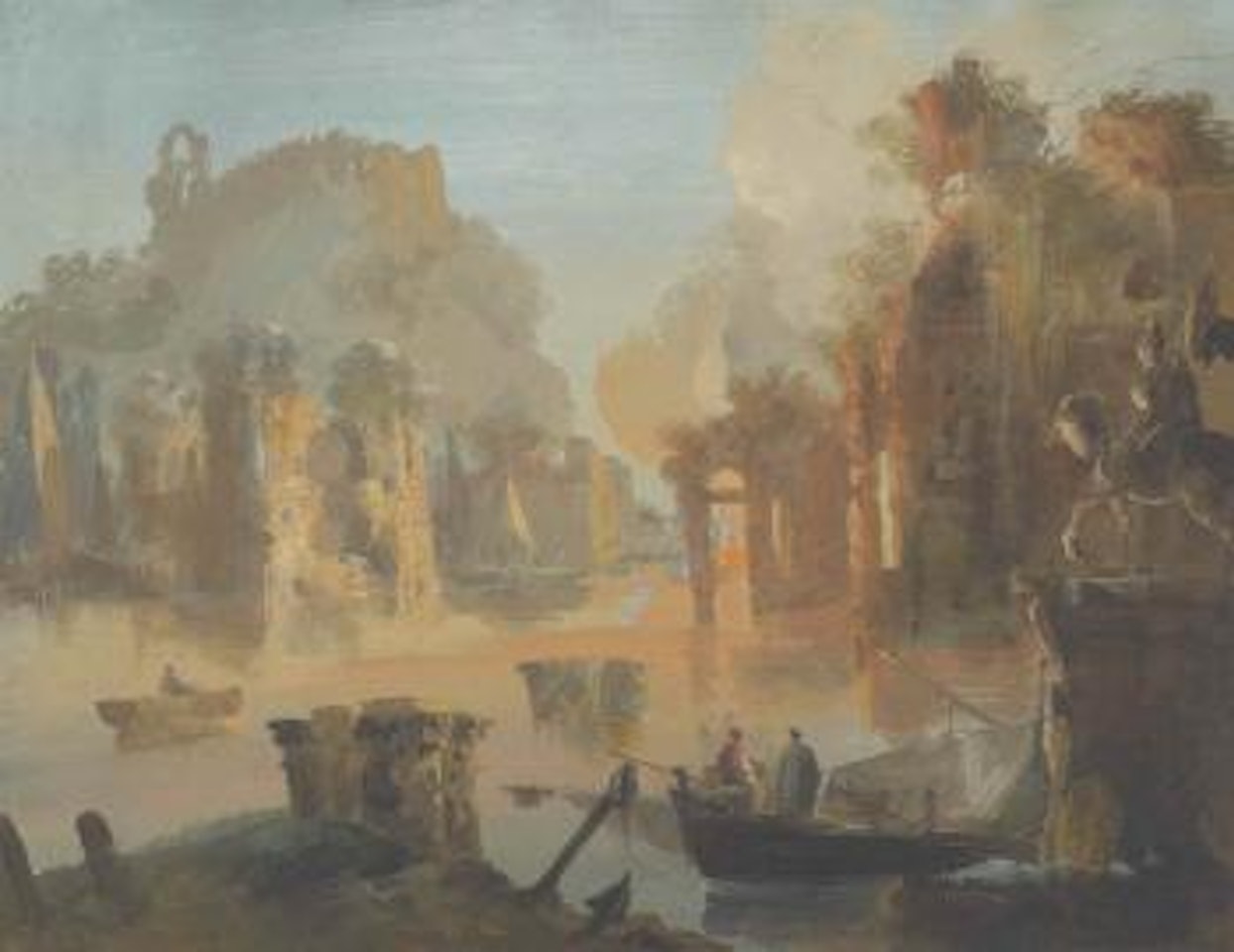 A Capriccio With Two Figures In a Boat, An Equestrian Statue To The Right, a Fire In The Distance by Giuseppe Bernardino Bison