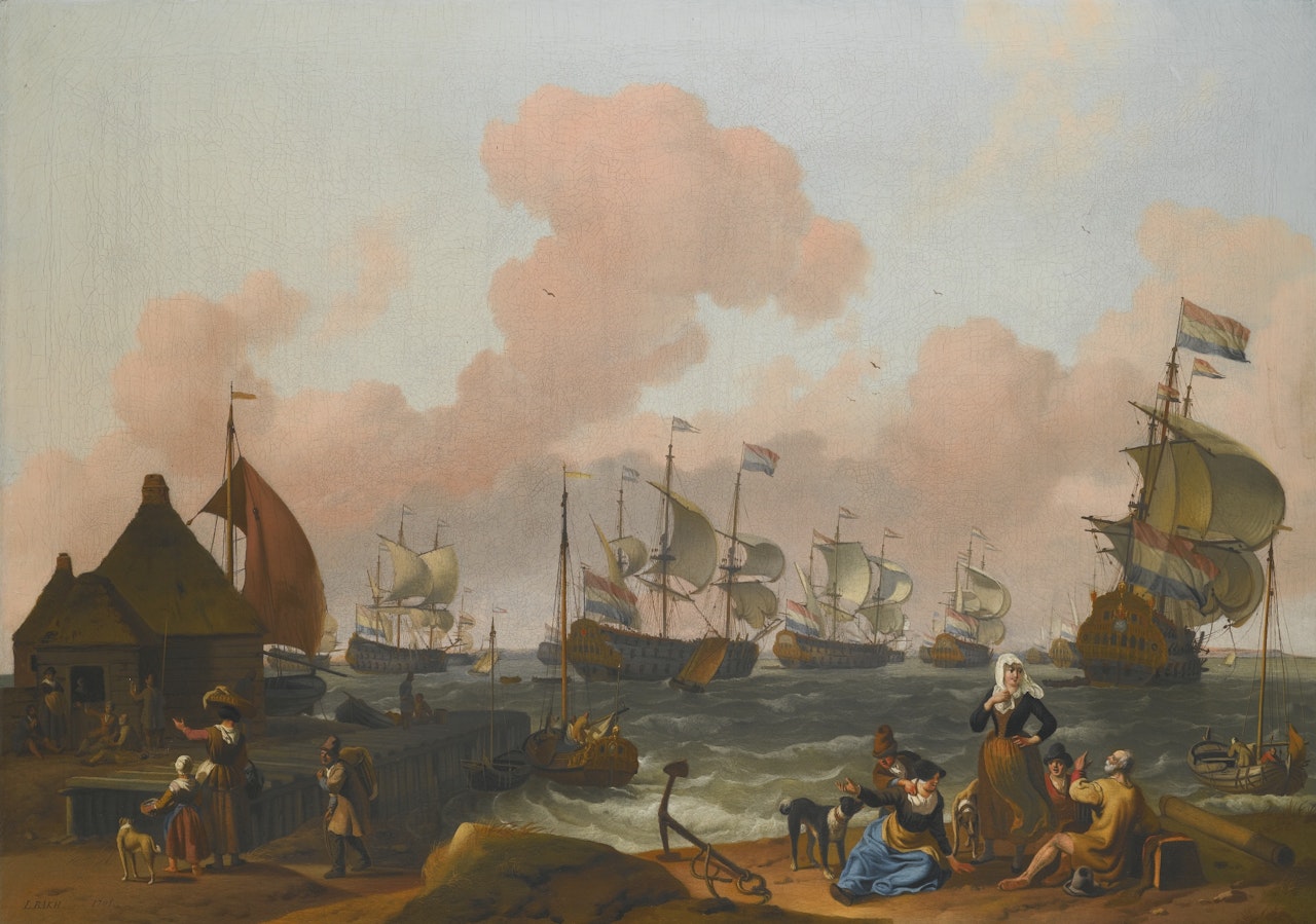 A COASTAL LANDSCAPE WITH MANY FIGURES ON THE SHORE BY A QUAY, WITH SEVERAL TWO-DECKERS IN A STIFF BREEZE BEYOND by Ludolf Backhuysen