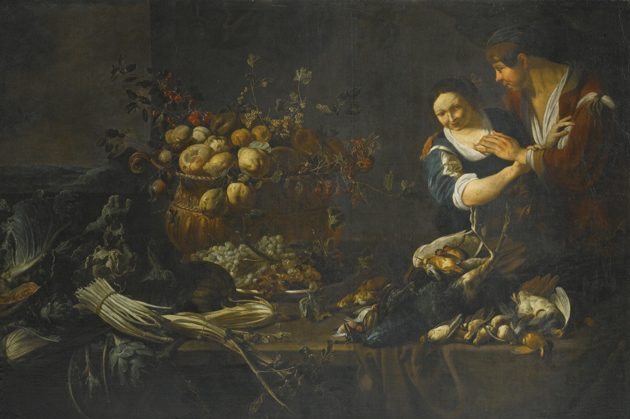 A STILL LIFE OF FRUIT, VEGETABLES AND GAME ON A TABLE, WITH A MAID AND SERVANT CAVORTING by Adriaen van Utrecht