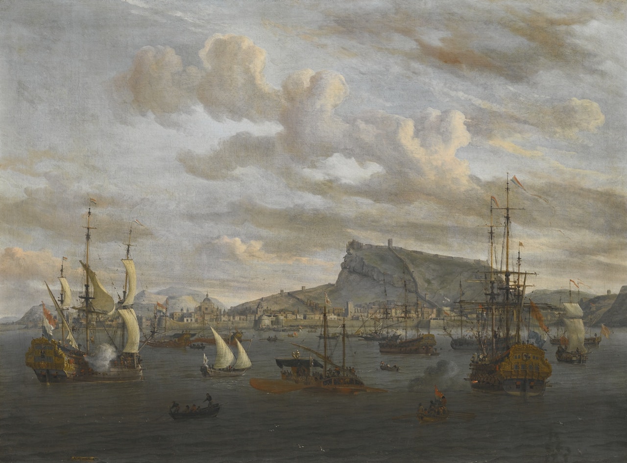 A VIEW OF NAFPLION IN GREECE, WITH DUTCH INDIAMEN, GALLEYS AND OTHER VESSELS OFFSHORE. by Abraham Storck