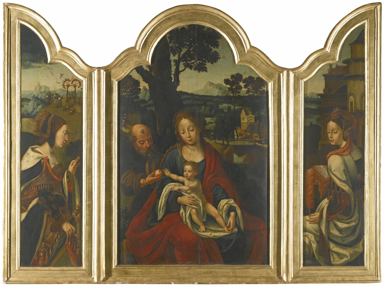 A TRIPTYCH: THE HOLY FAMILY FLANKED BY SAINT CATHERINE AND SAINT BARBARA by Attributed to Pieter Coecke van Aelst I