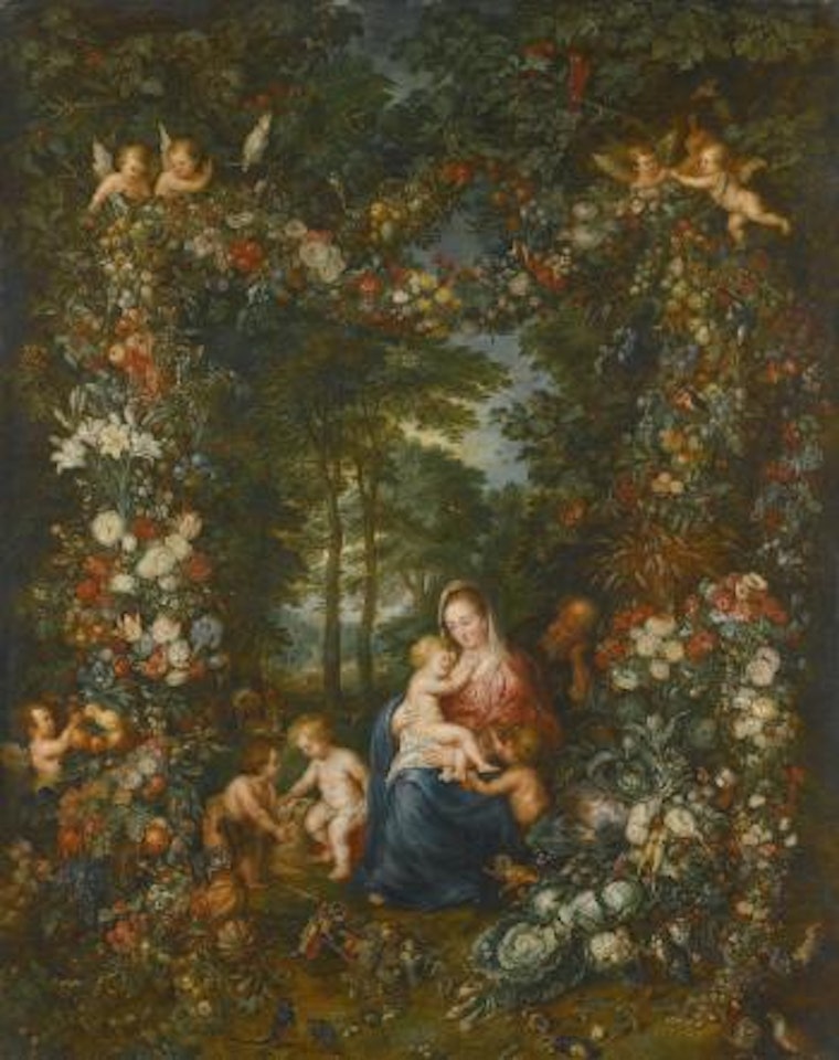 The holy family with Saint John the baptist, surrounded by a Garland of Fruit and Flowers, in a wooded landscape by Jan Brueghel the Younger