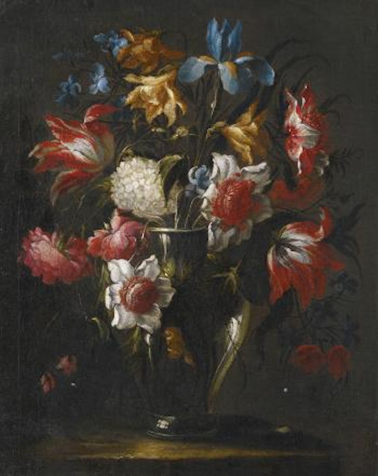 Blue Irises, Parrot Tulips, Anemones, Peonies and Other Flowers in a Glass Vase, on a Stone Ledge by Juan de Arellano