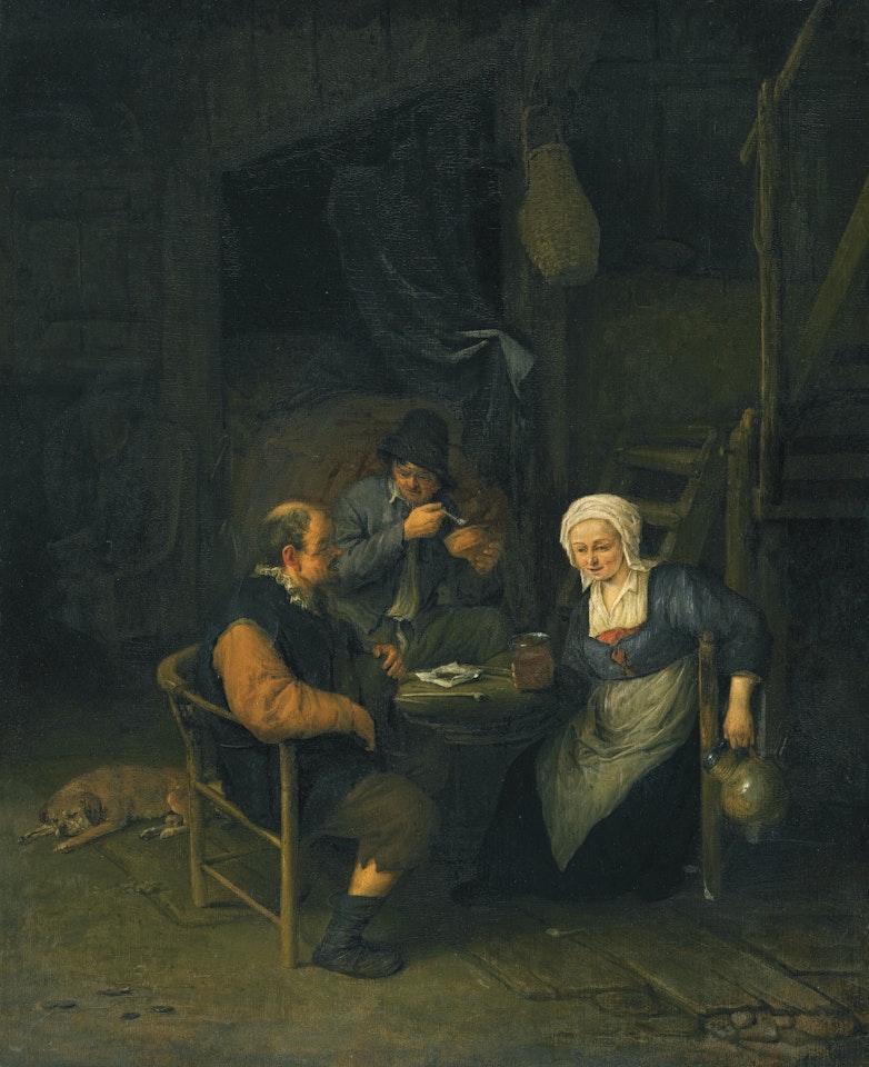 AN INTERIOR WITH TWO BOORS AND A WOMAN CONVERSING, SMOKING AND DRINKING AT A TABLE by Adriaen van Ostade