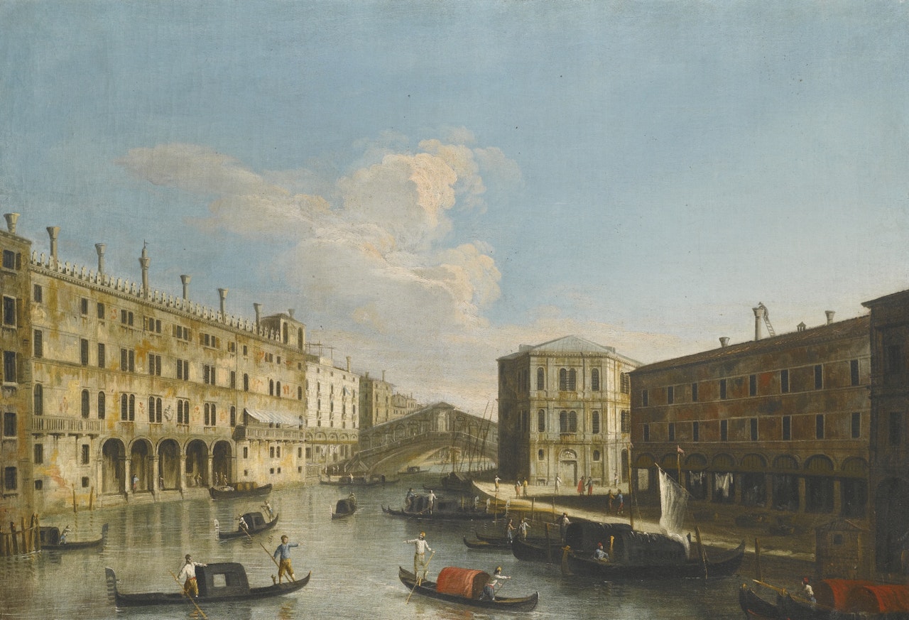 VIEW OF THE GRAND CANAL TOWARDS THE RIALTO BRIDGE FROM THE NORTH, THE FONDACO DEI TEDESCHI TO THE LEFT by Apollonio Domenichini