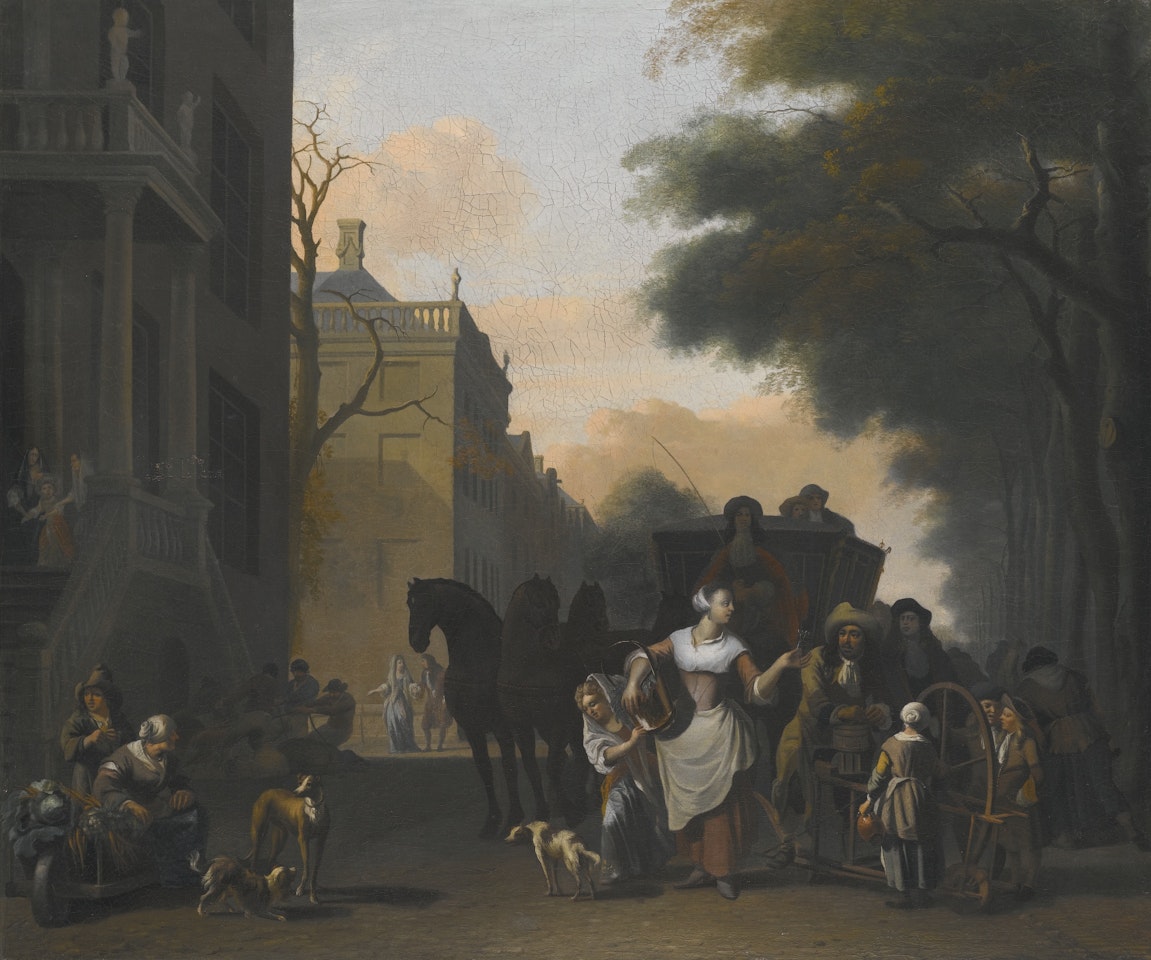 AN AMSTERDAM STREET SCENE, WITH A MAID FLIRTING WITH A KNIFE GRINDER ON A CANAL by Ludolf Backhuysen