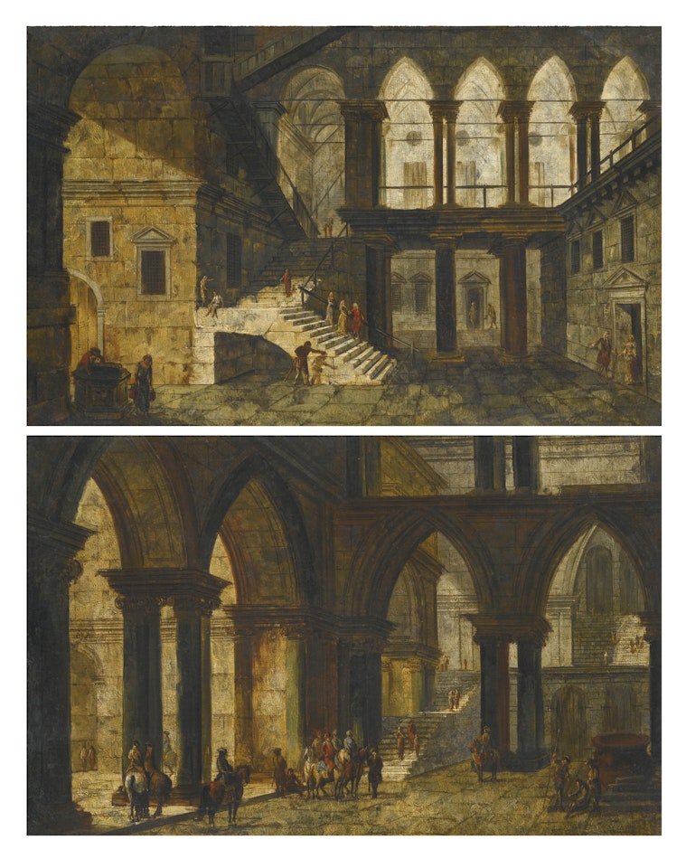 ARCHITECTURAL FANTASY WITH A STAIRCASE IN A COURTYARD;  ARCHITECTURAL FANTASY WITH DOUBLE HEIGHT GOTHIC ARCHES by Michele Marieschi