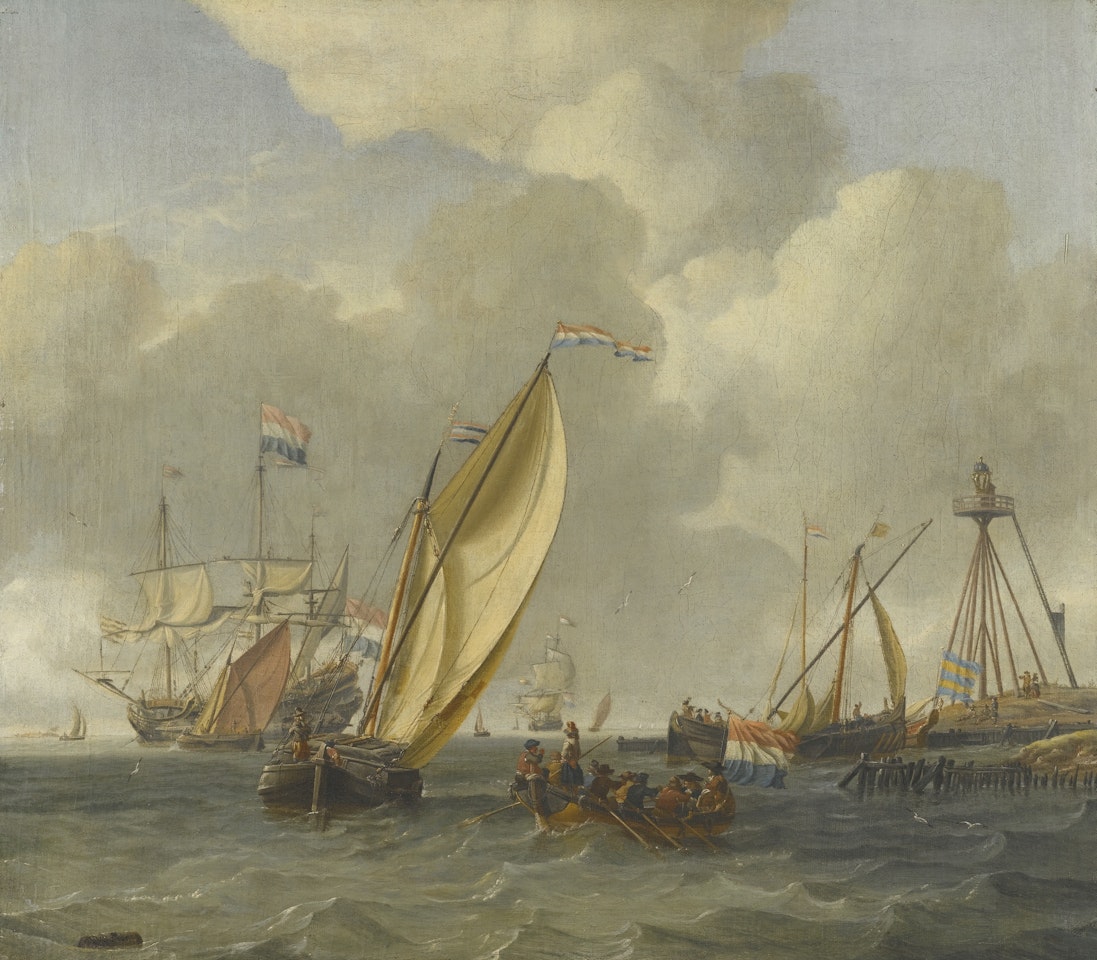 DUTCH SHIPS ON CHOPPY COASTAL WATERS BY A SPIT OF LAND WITH A BEACON by Abraham Storck