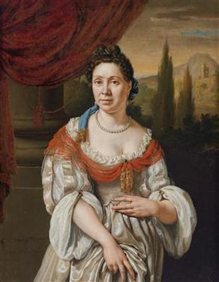 Portrait of a lady against a landscape backdrop by Willem van Mieris