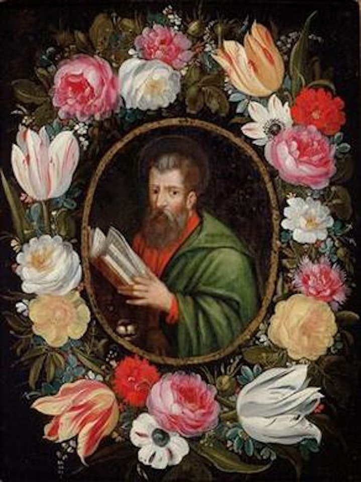 A garland of flowers around a medallion enclosing Mark the Evangelist by Jan Brueghel the Younger